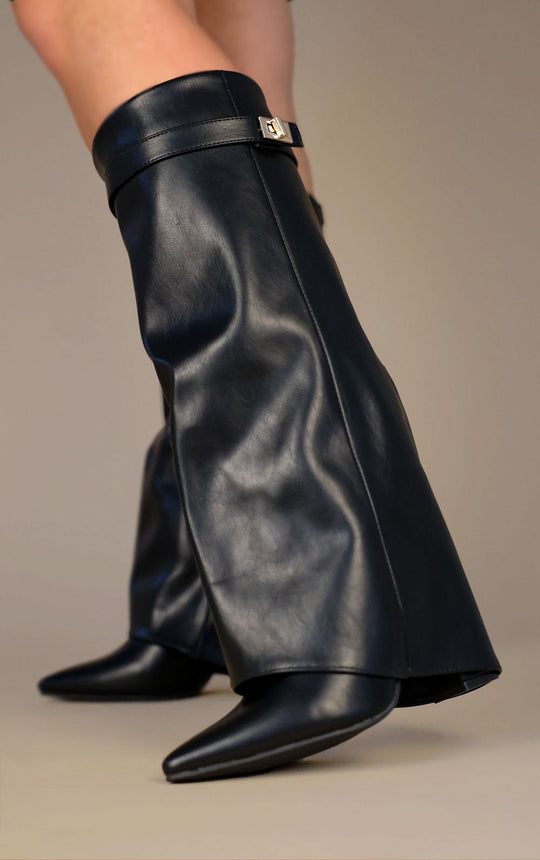 Shark Boots - Black Leather Fold-Over Knee-High with Classic Buckle