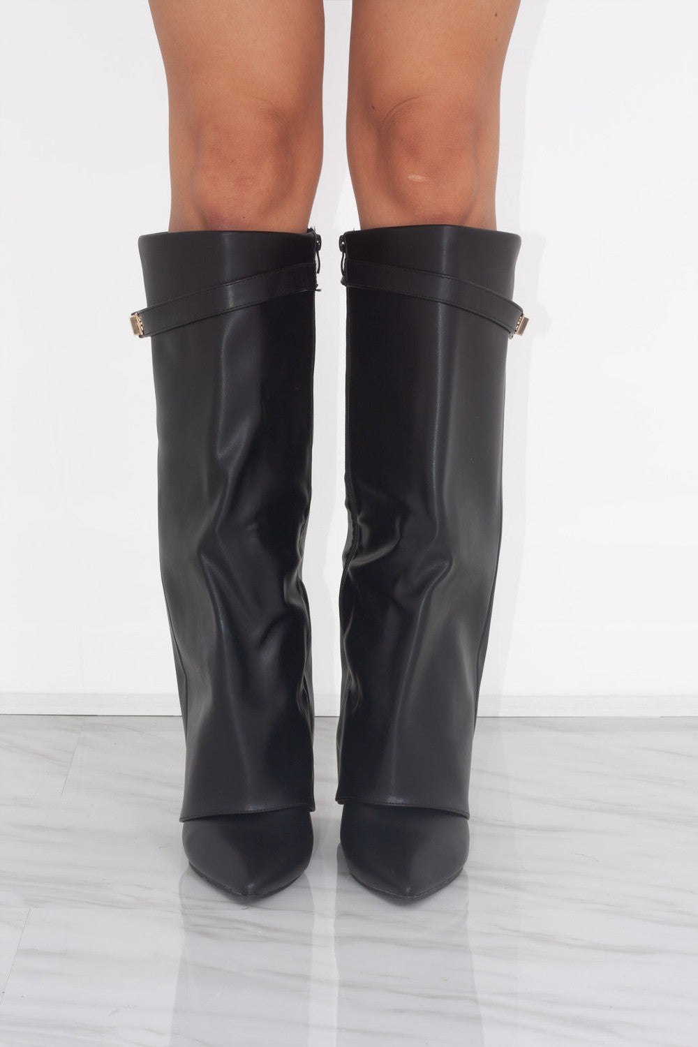 Shark Boots - Black Leather Fold-Over Knee-High with Classic Buckle