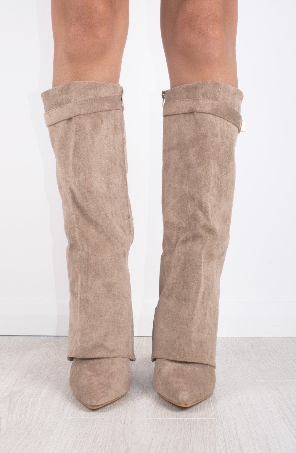 Shark Boots - Taupe Faux Suede Fold-Over Knee-High with Classic Buckle