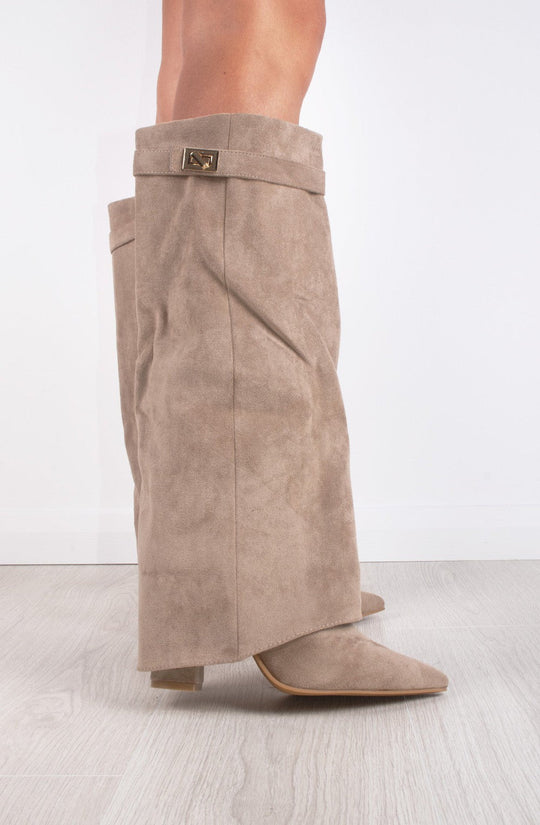 Shark Boots - Taupe Faux Suede Fold-Over Knee-High with Classic Buckle