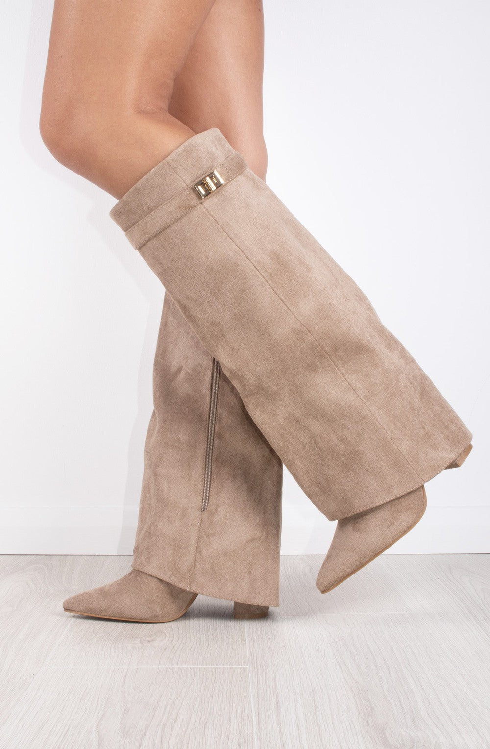 Shark Boots - Taupe Faux Suede Fold-Over Knee-High with Classic Buckle